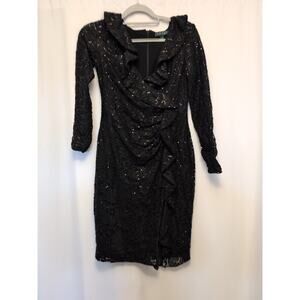 Lauren Ralph Lauren 4 Black Lace Ruffle Sequin Dress zipper nice!